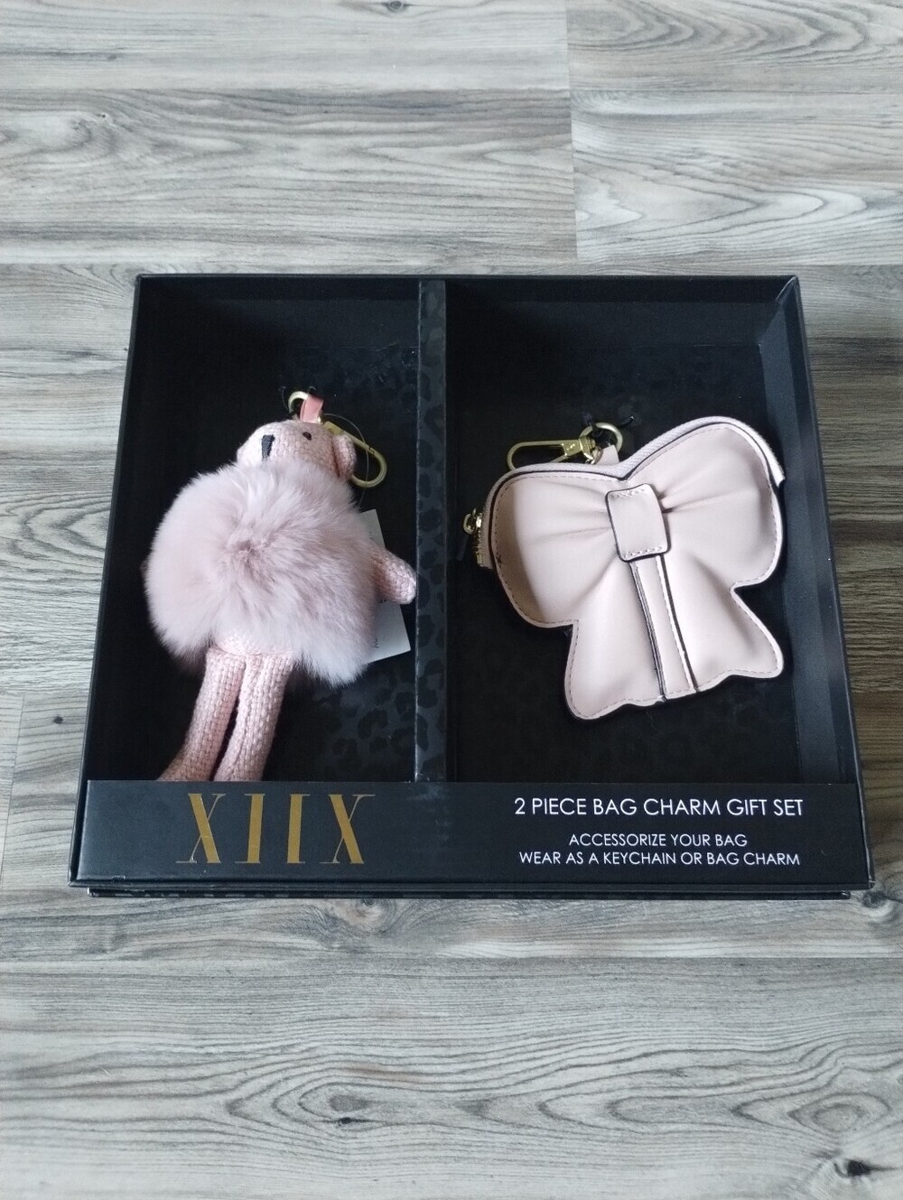 XIIX Two Piece Bag Charm Set Pink Bear And Bow Pouch